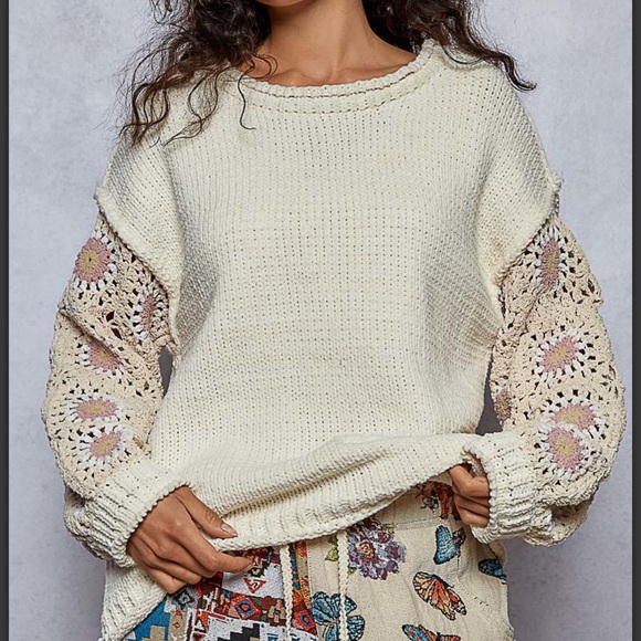 POL Sweaters - 085 💕 POL Chenille Cream Sweater with Granny Square